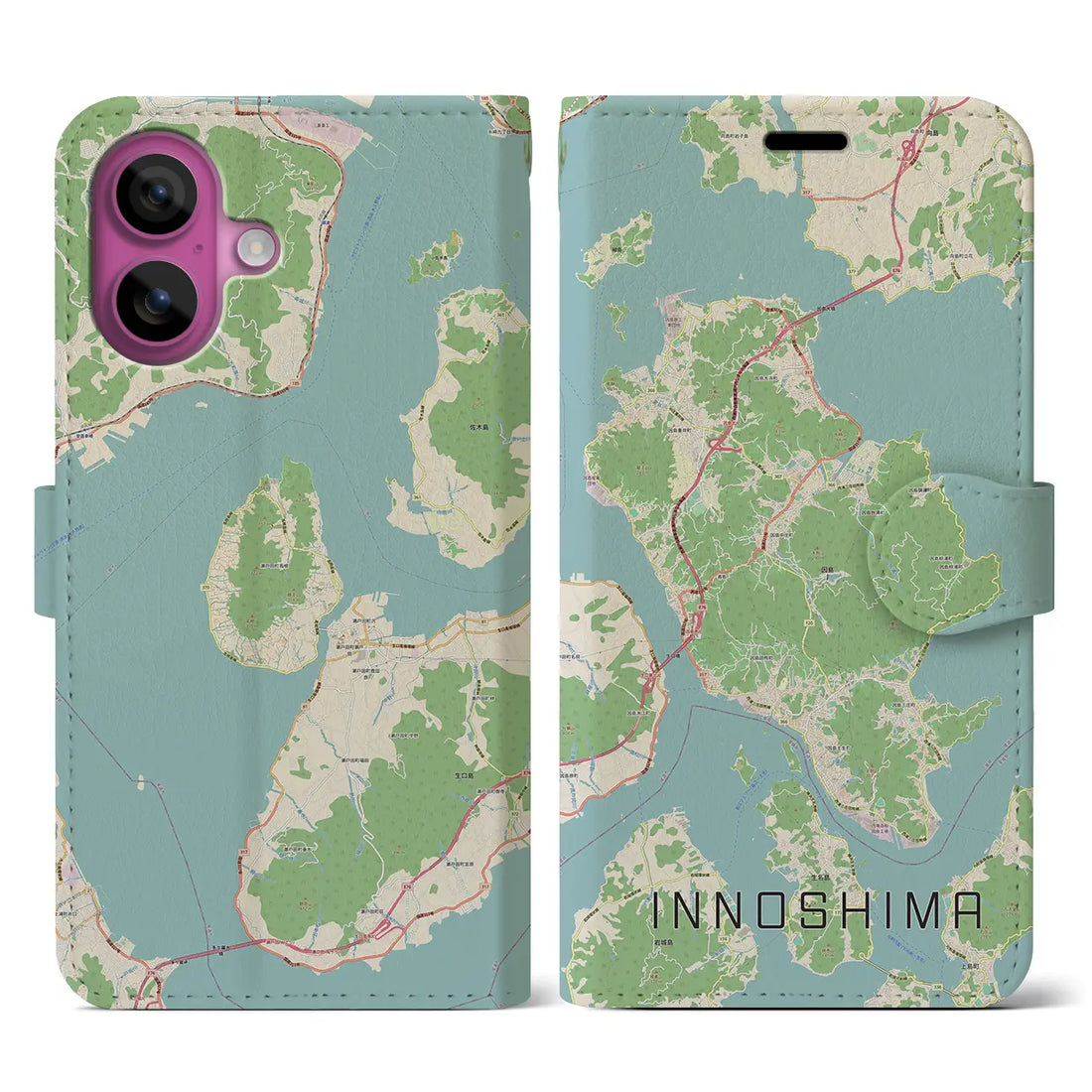 【因島（広島県）】地図柄iPhoneケース（手帳タイプ）ナチュラル・iPhone 16 Pro 用