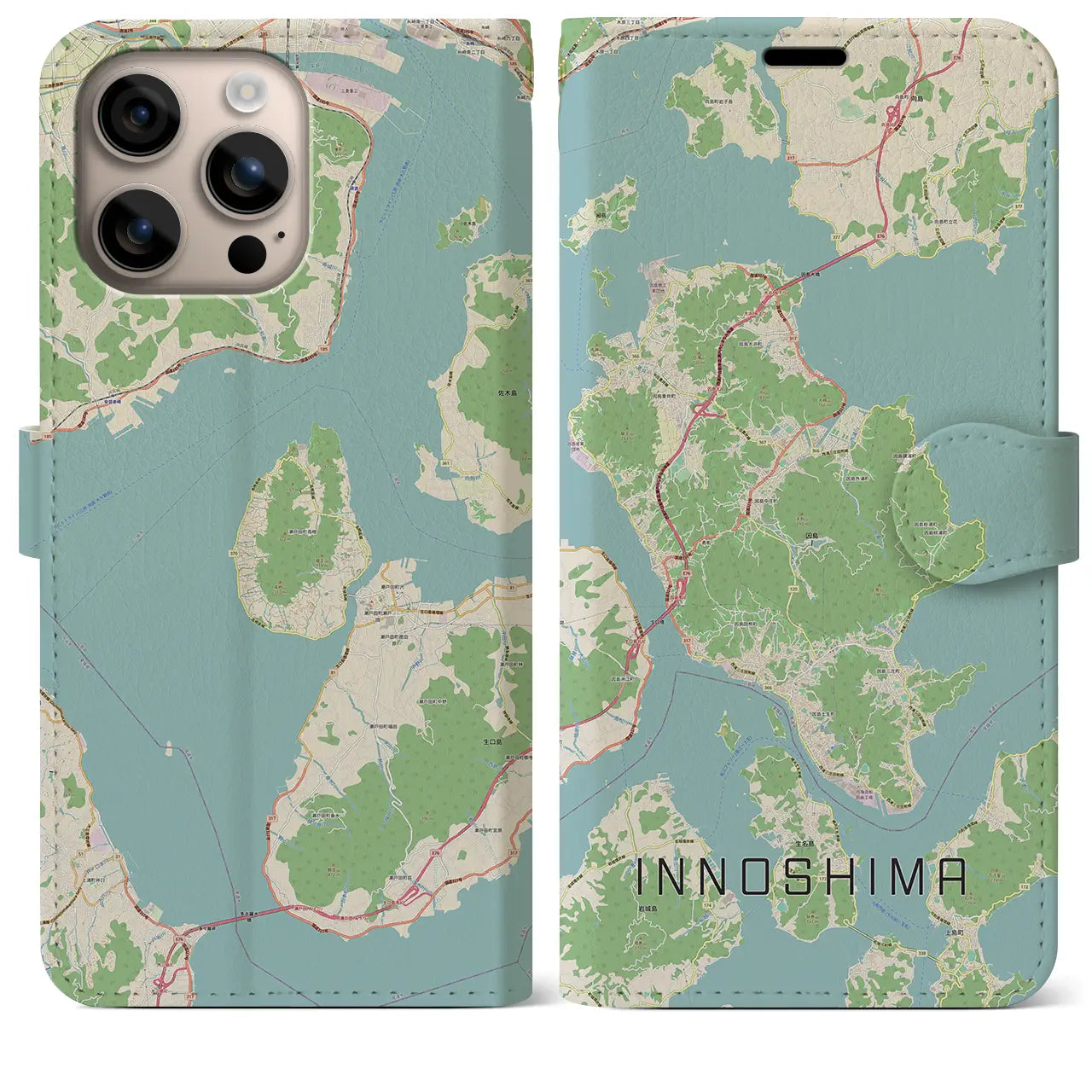 【因島（広島県）】地図柄iPhoneケース（手帳タイプ）ナチュラル・iPhone 16 Plus 用