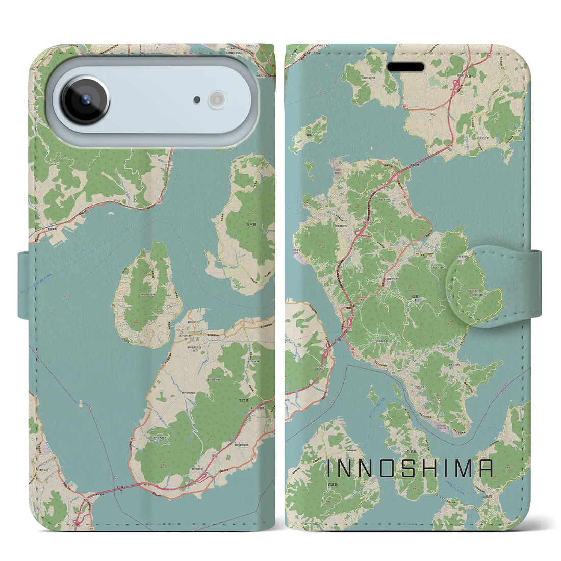 【因島（広島県）】地図柄iPhoneケース（手帳タイプ）ナチュラル・iPhone 17 Pro Max 用