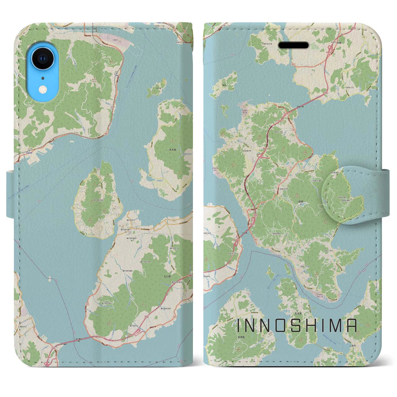 【因島（広島県）】地図柄iPhoneケース（手帳タイプ）ナチュラル・iPhone XR 用