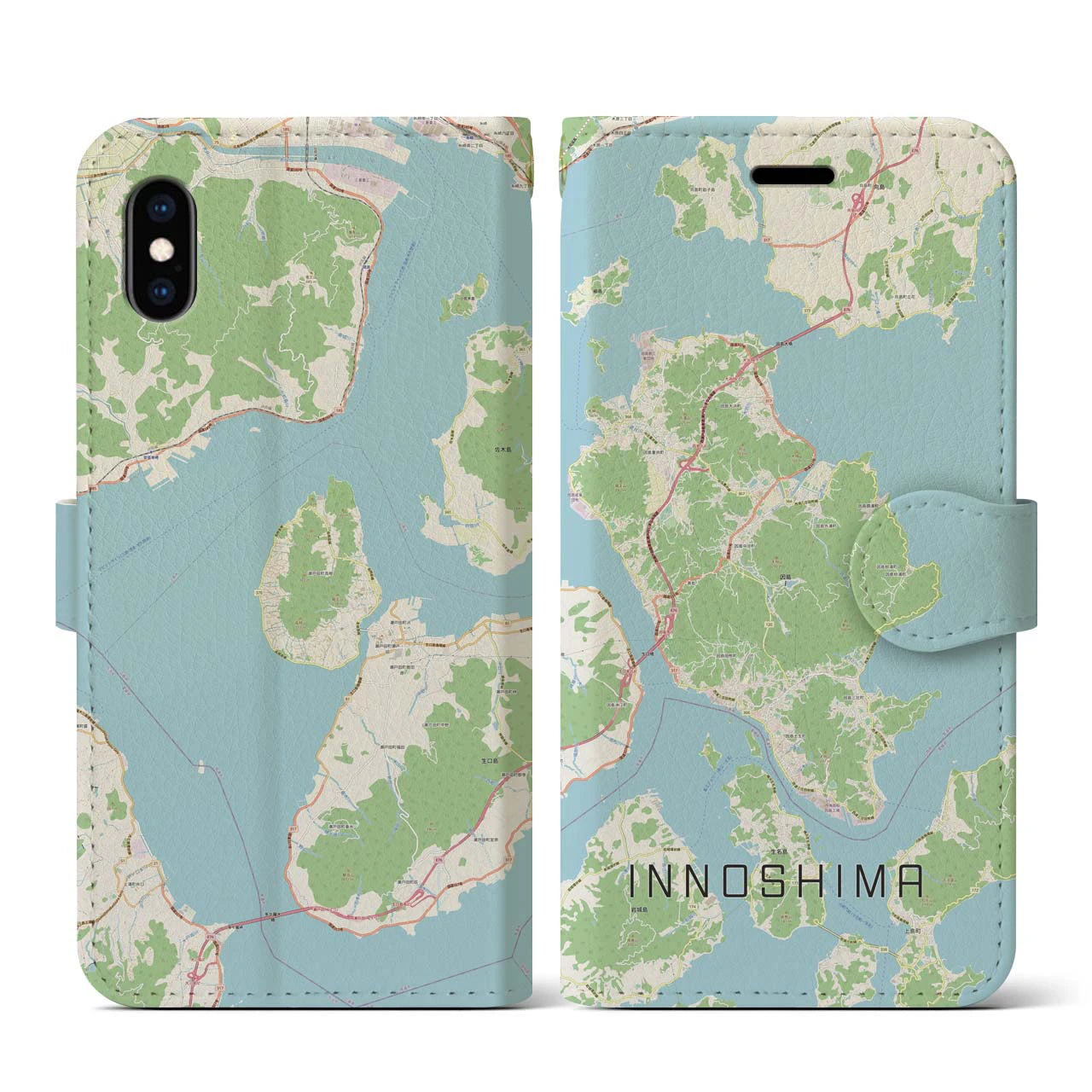 【因島（広島県）】地図柄iPhoneケース（手帳タイプ）ナチュラル・iPhone XS / X 用