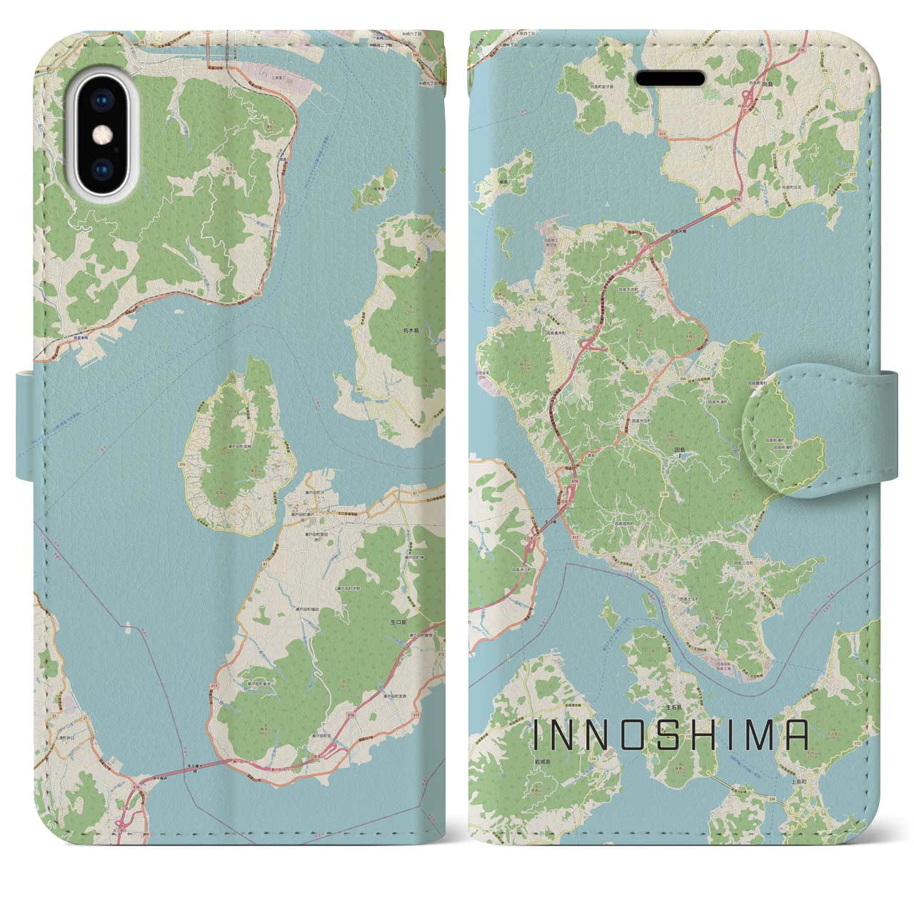 【因島（広島県）】地図柄iPhoneケース（手帳タイプ）ナチュラル・iPhone XS Max 用