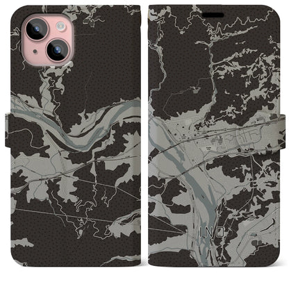 【伊野（高知県）】地図柄iPhoneケース（手帳タイプ）モノトーン・iPhone 15 Plus 用