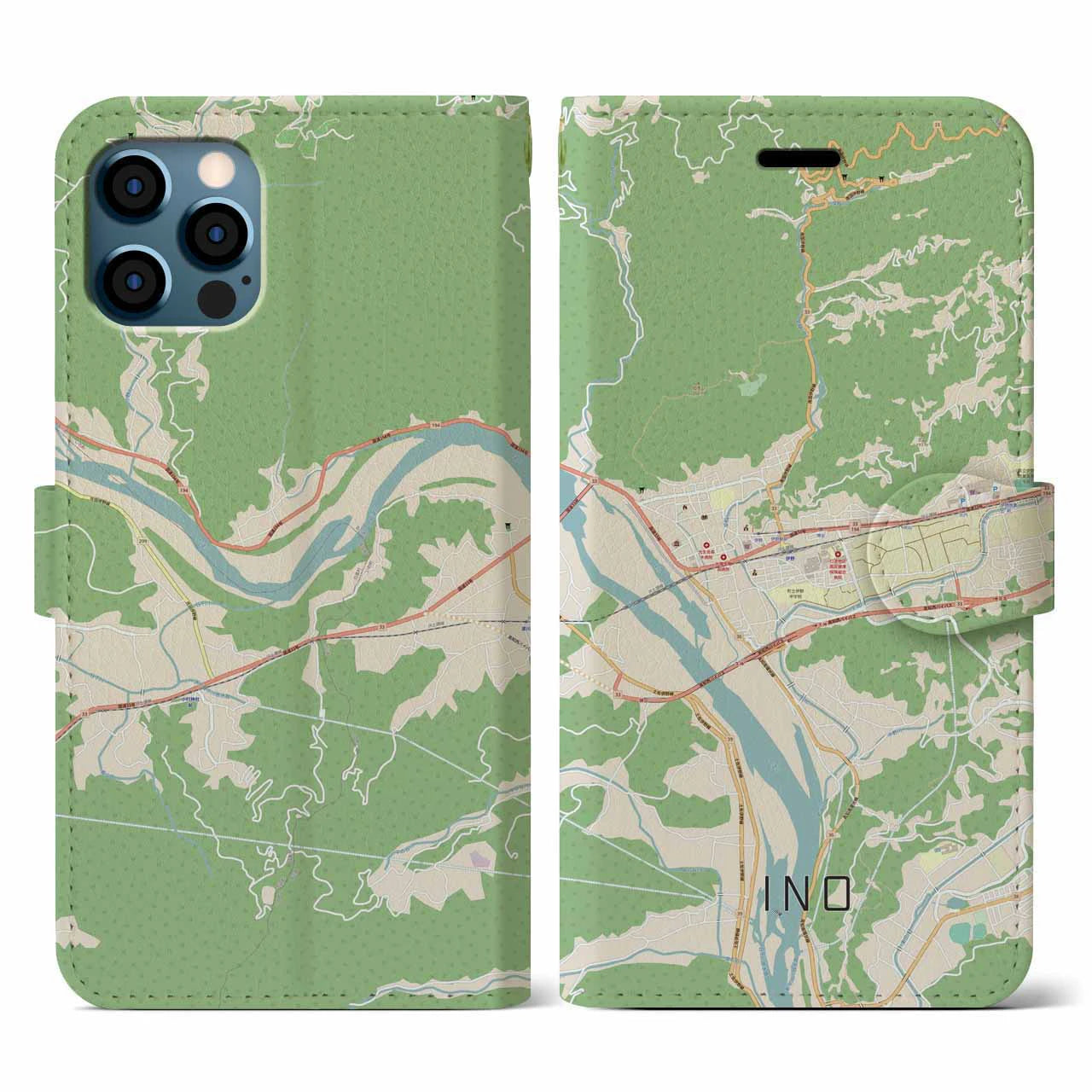 【伊野（高知県）】地図柄iPhoneケース（手帳タイプ）ナチュラル・iPhone 12 / 12 Pro 用