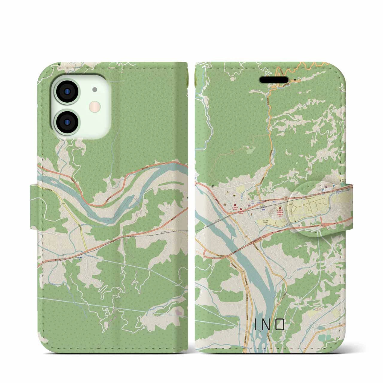 【伊野（高知県）】地図柄iPhoneケース（手帳タイプ）ナチュラル・iPhone 12 mini 用