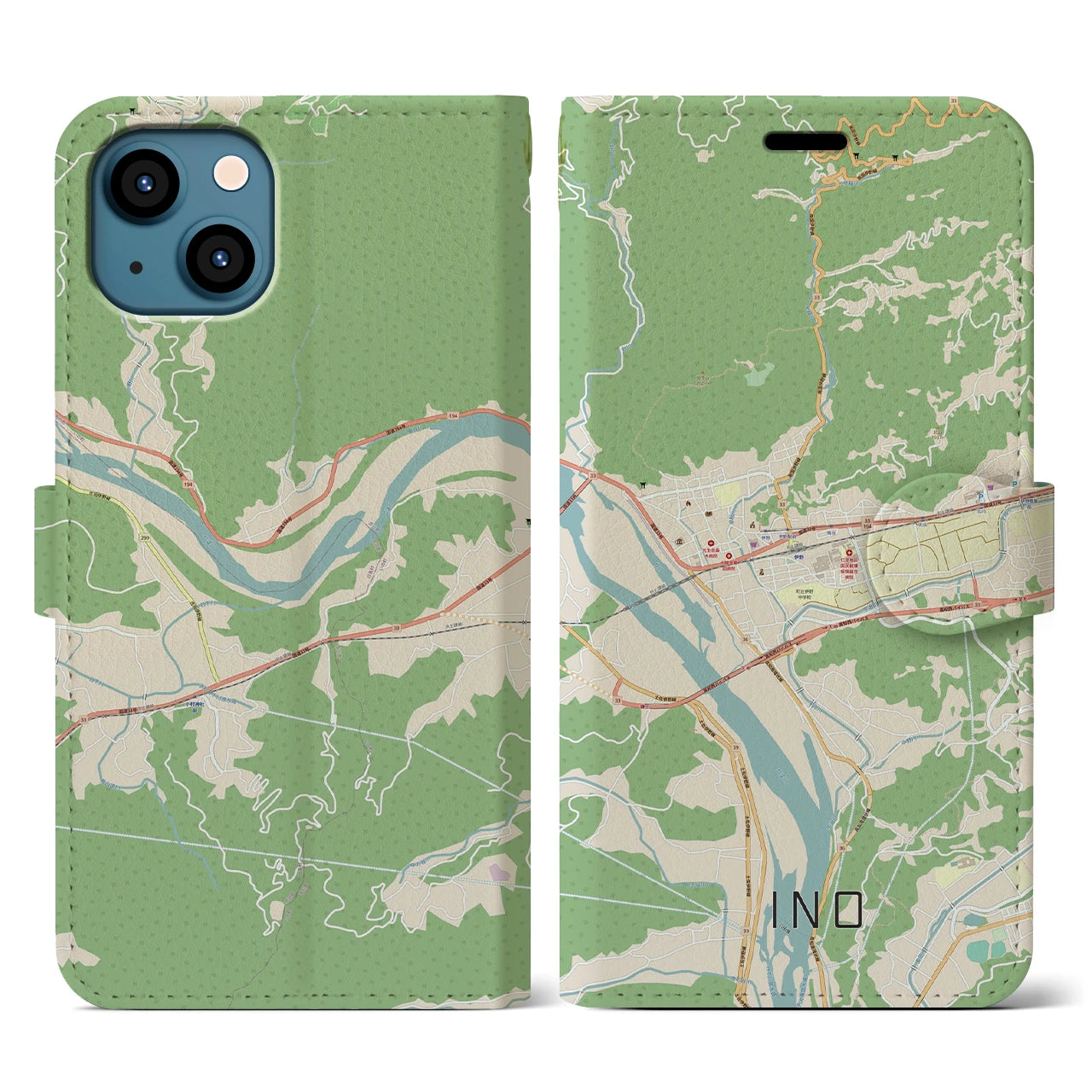 【伊野（高知県）】地図柄iPhoneケース（手帳タイプ）ナチュラル・iPhone 13 用