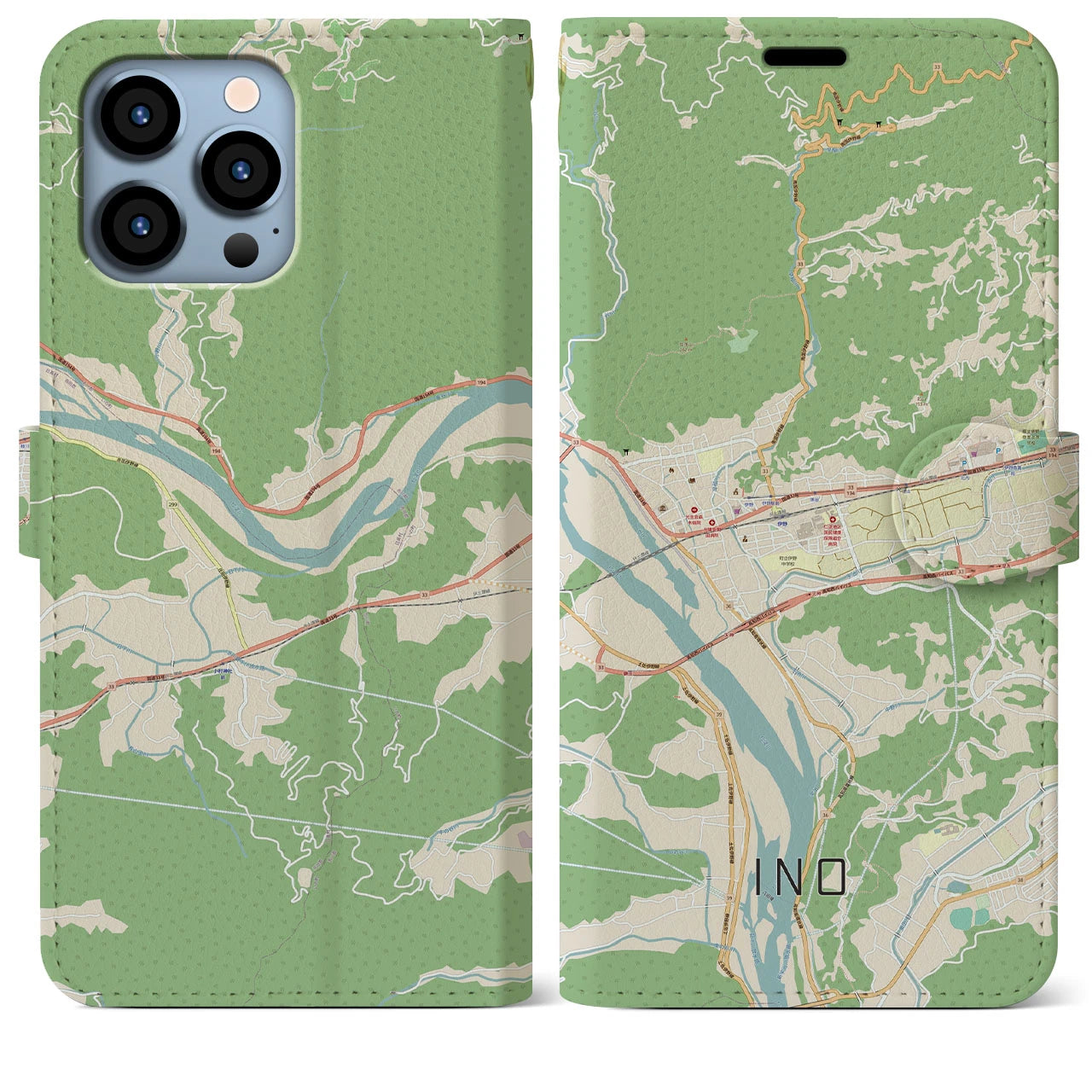 【伊野（高知県）】地図柄iPhoneケース（手帳タイプ）ナチュラル・iPhone 13 Pro Max 用