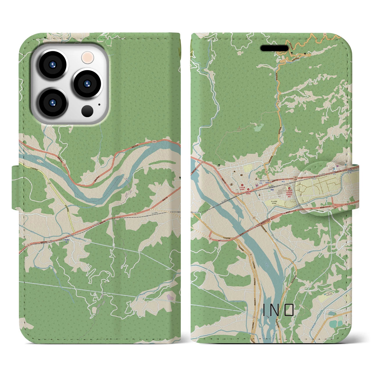 【伊野（高知県）】地図柄iPhoneケース（手帳タイプ）ナチュラル・iPhone 13 Pro 用