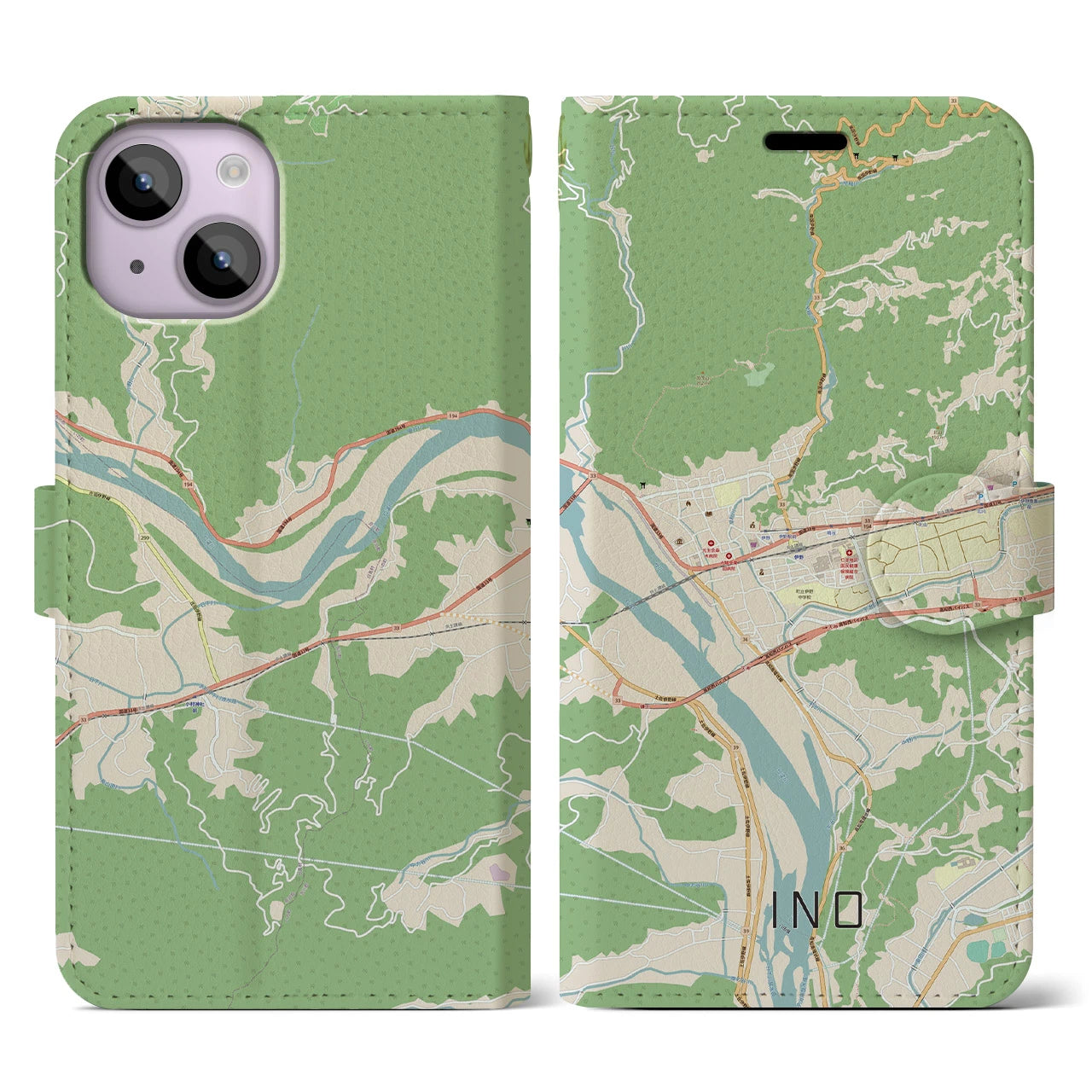 【伊野（高知県）】地図柄iPhoneケース（手帳タイプ）ナチュラル・iPhone 14 用