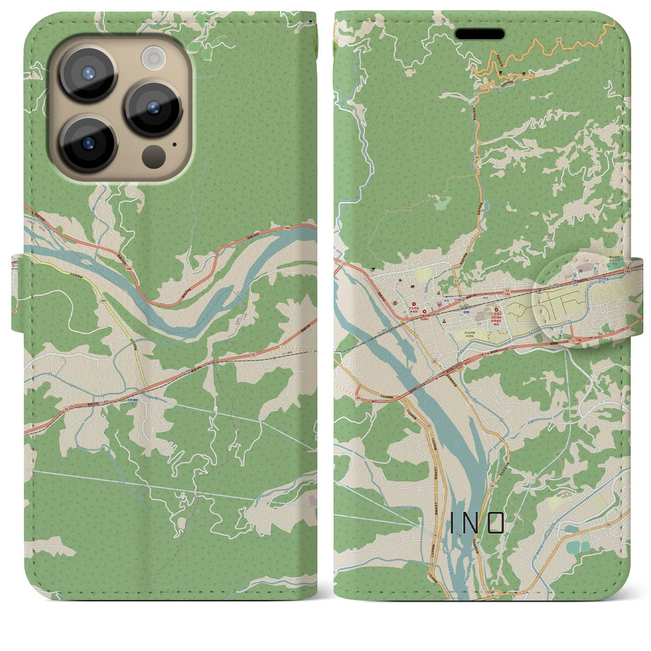 【伊野（高知県）】地図柄iPhoneケース（手帳タイプ）ナチュラル・iPhone 14 Pro Max 用