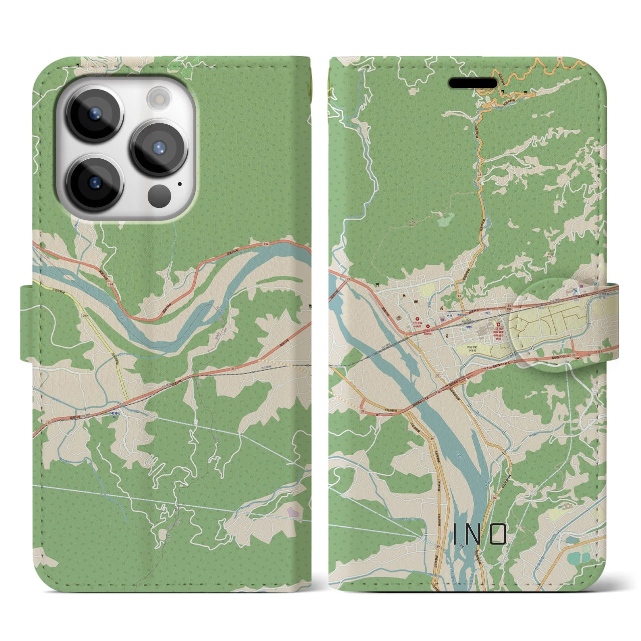 【伊野（高知県）】地図柄iPhoneケース（手帳タイプ）ナチュラル・iPhone 14 Pro 用