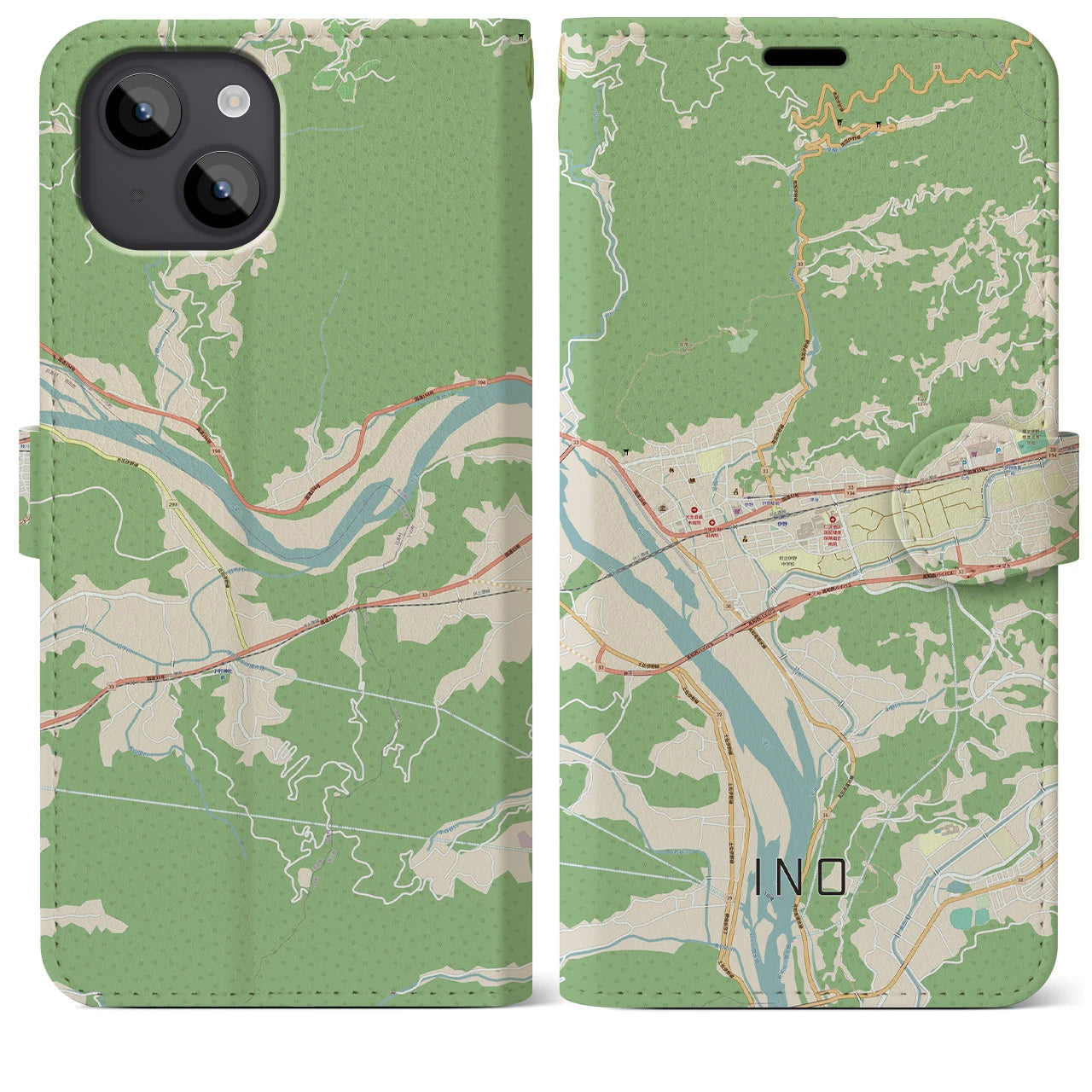 【伊野（高知県）】地図柄iPhoneケース（手帳タイプ）ナチュラル・iPhone 14 Plus 用