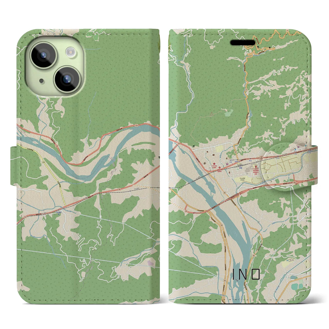 【伊野（高知県）】地図柄iPhoneケース（手帳タイプ）ナチュラル・iPhone 15 用