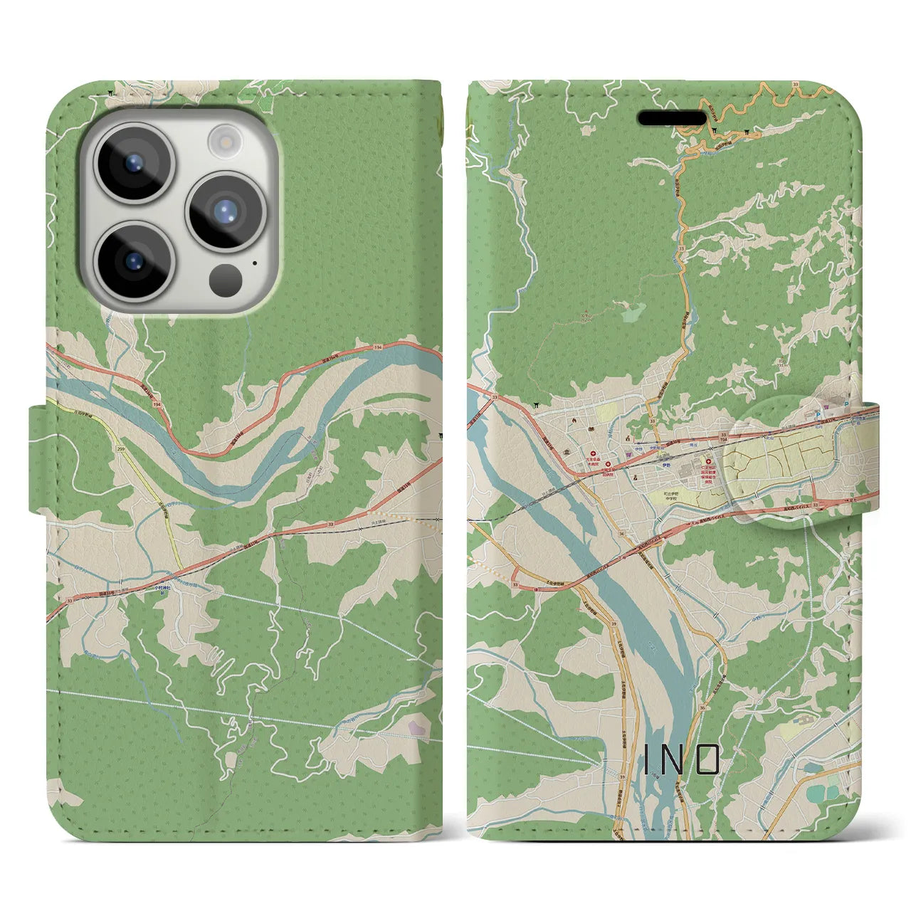 【伊野（高知県）】地図柄iPhoneケース（手帳タイプ）ナチュラル・iPhone 15 Pro 用