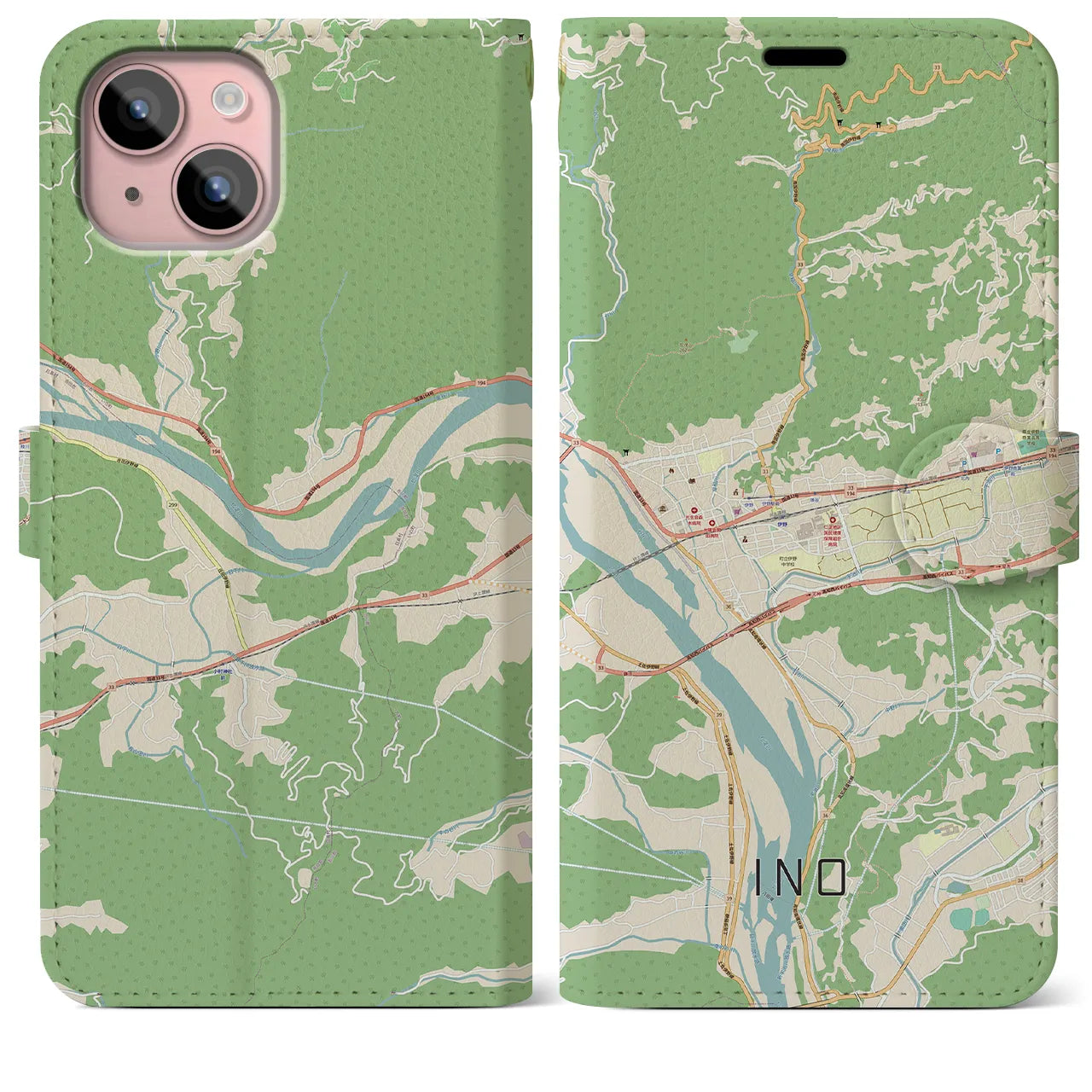 【伊野（高知県）】地図柄iPhoneケース（手帳タイプ）ナチュラル・iPhone 15 Plus 用