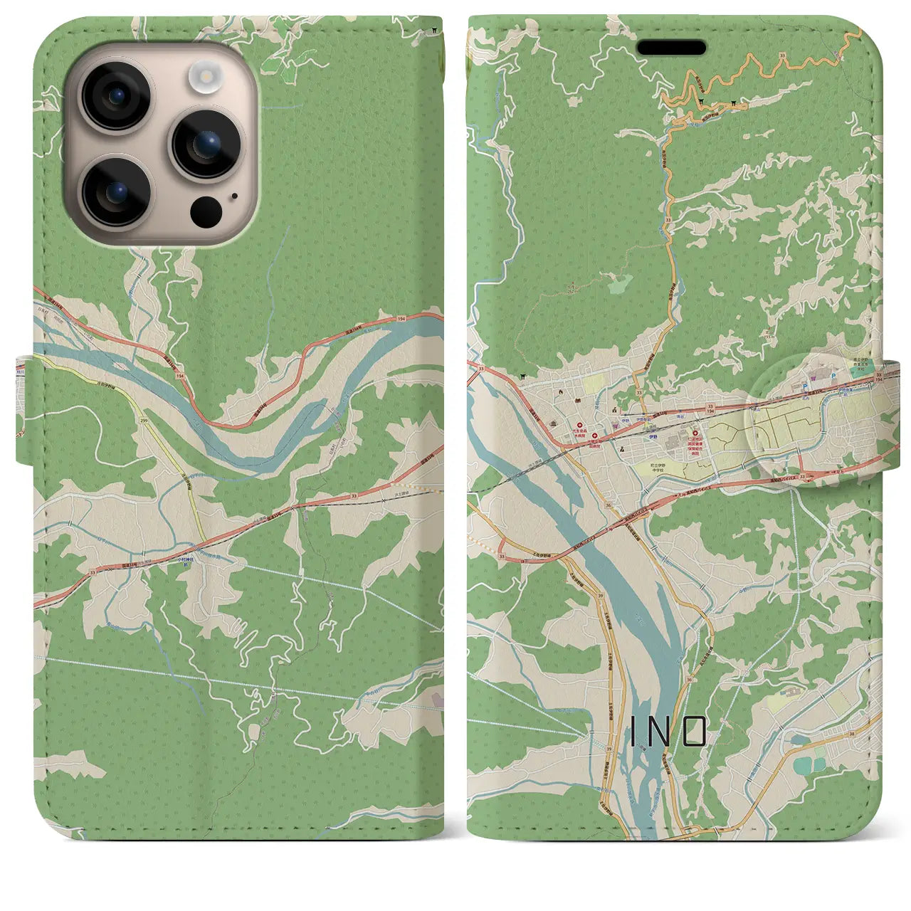 【伊野（高知県）】地図柄iPhoneケース（手帳タイプ）ナチュラル・iPhone 16 Plus 用