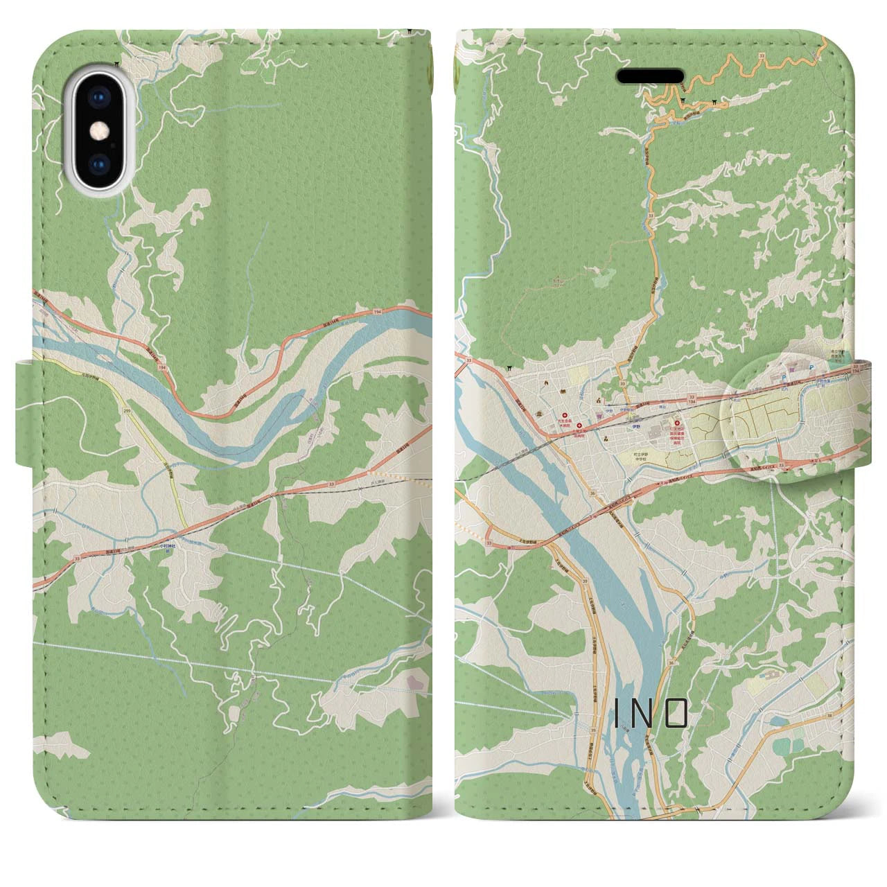 【伊野（高知県）】地図柄iPhoneケース（手帳タイプ）ナチュラル・iPhone XS Max 用