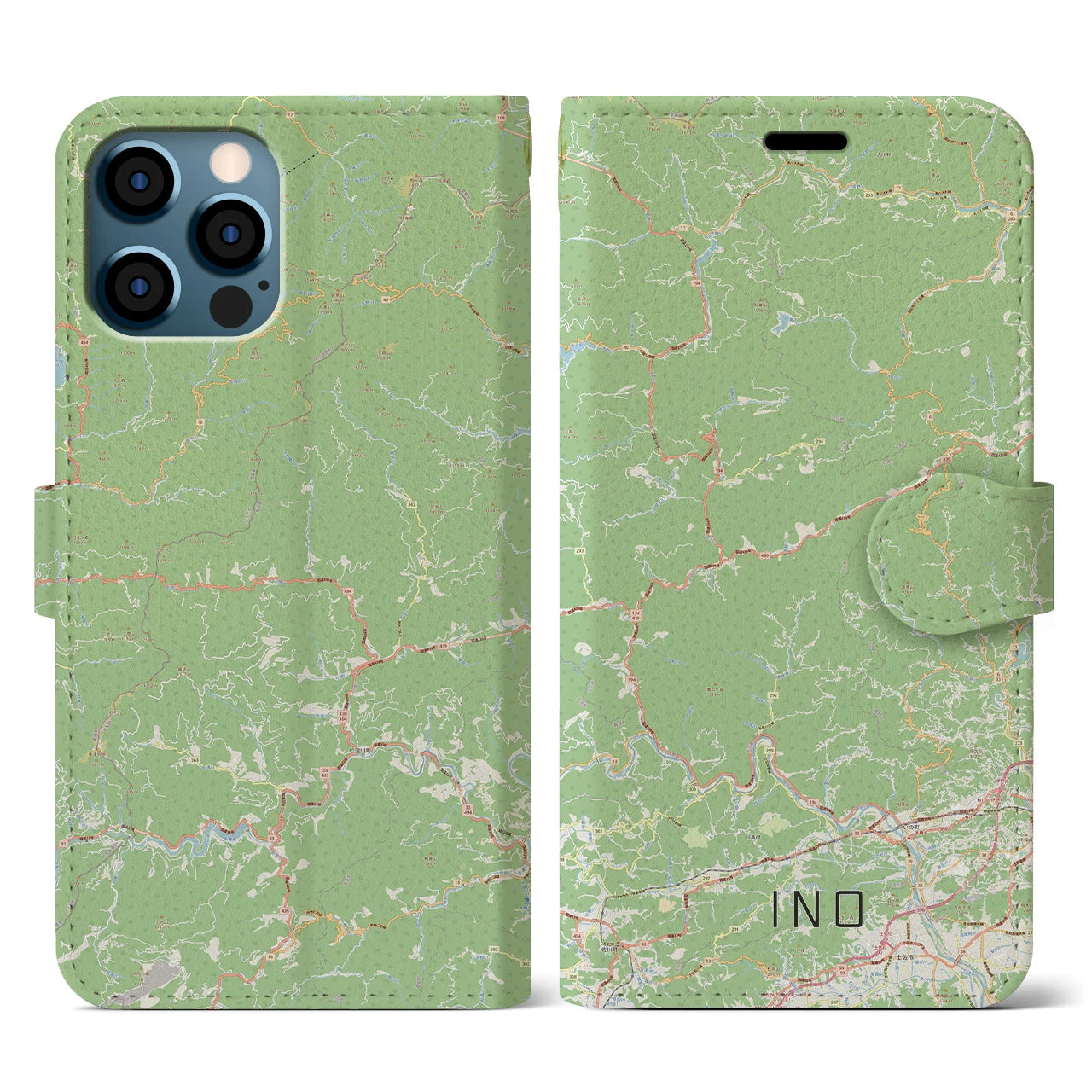 【いの（高知県）】地図柄iPhoneケース（手帳タイプ）ナチュラル・iPhone 12 / 12 Pro 用