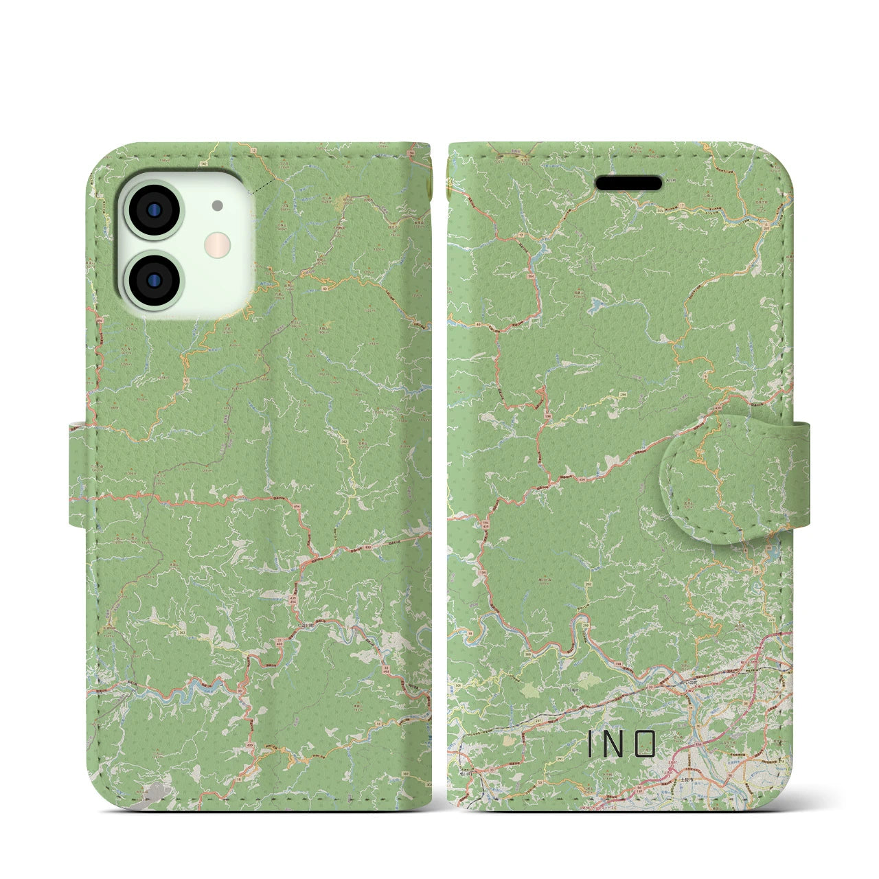 【いの（高知県）】地図柄iPhoneケース（手帳タイプ）ナチュラル・iPhone 12 mini 用