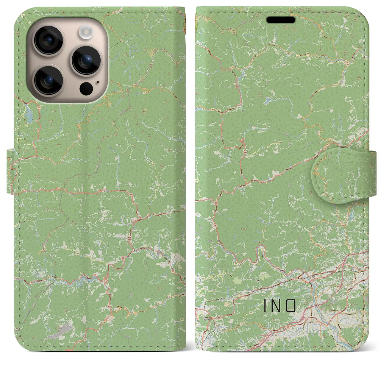 【いの（高知県）】地図柄iPhoneケース（手帳タイプ）ナチュラル・iPhone 16 Plus 用