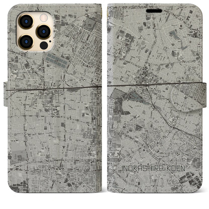 【井の頭公園（東京都）】地図柄iPhoneケース（手帳タイプ）モノトーン・iPhone 12 Pro Max 用