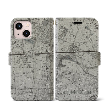 【井の頭公園（東京都）】地図柄iPhoneケース（手帳タイプ）モノトーン・iPhone 13 mini 用