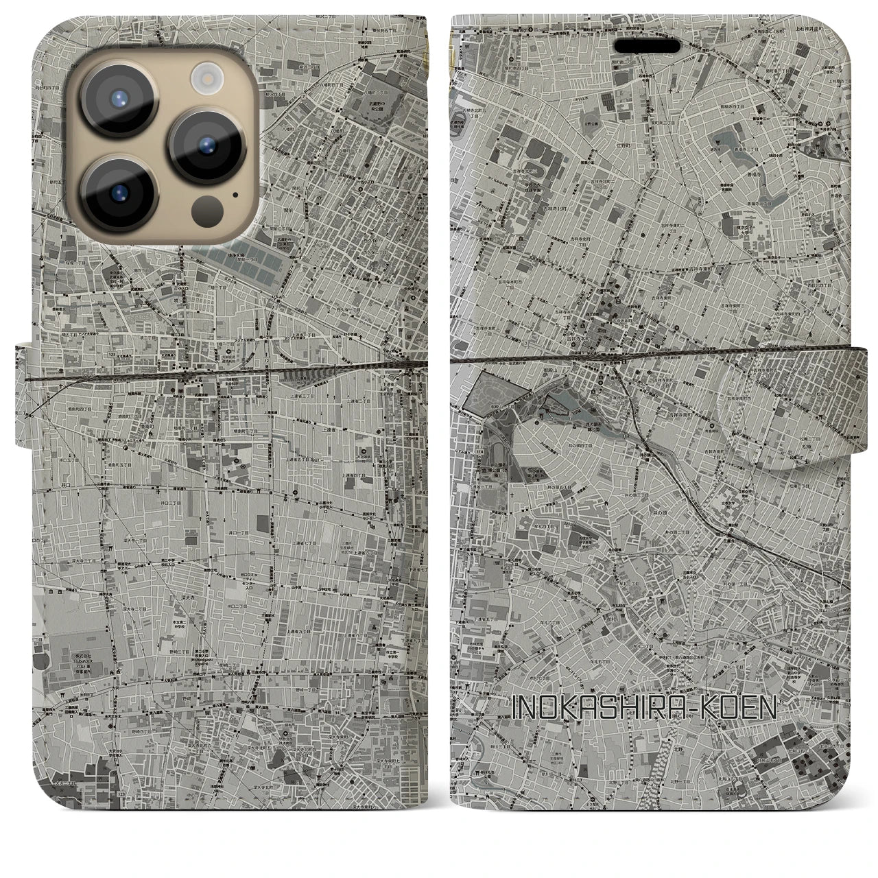 【井の頭公園】地図柄iPhoneケース（手帳両面タイプ・モノトーン）iPhone 14 Pro Max 用
