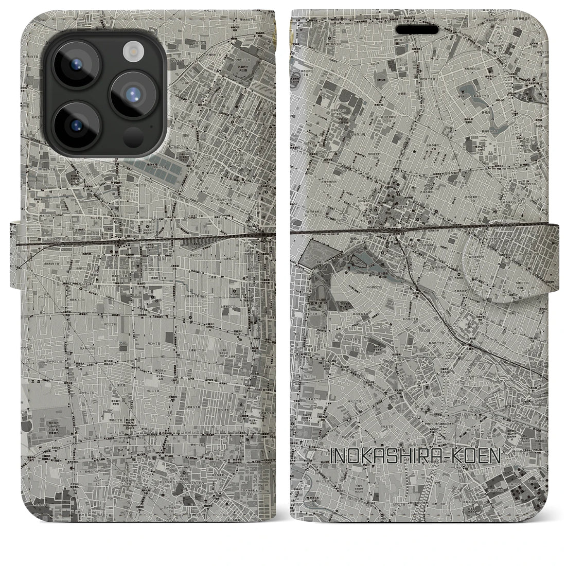 【井の頭公園】地図柄iPhoneケース（手帳両面タイプ・モノトーン）iPhone 15 Pro Max 用