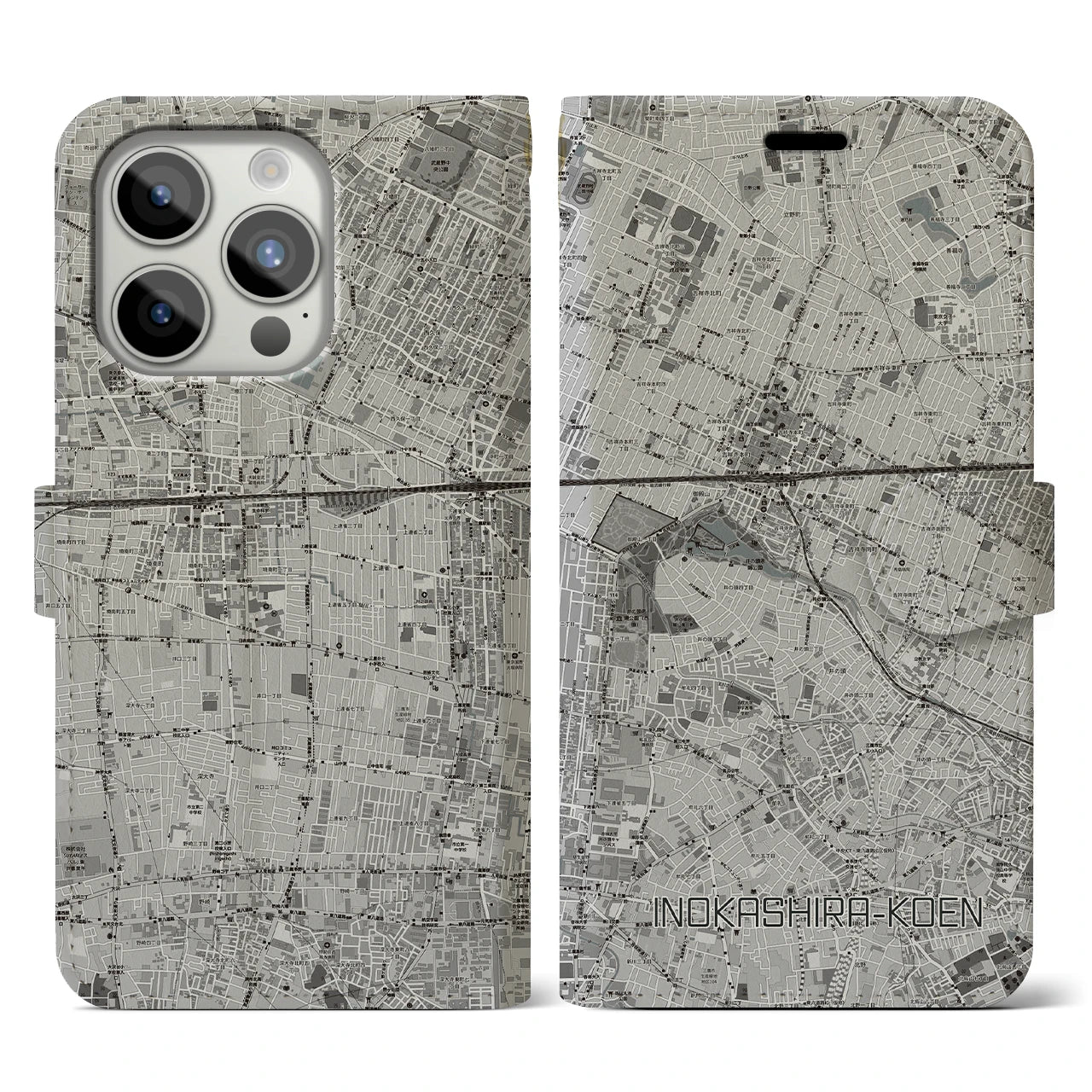 【井の頭公園】地図柄iPhoneケース（手帳両面タイプ・モノトーン）iPhone 15 Pro 用