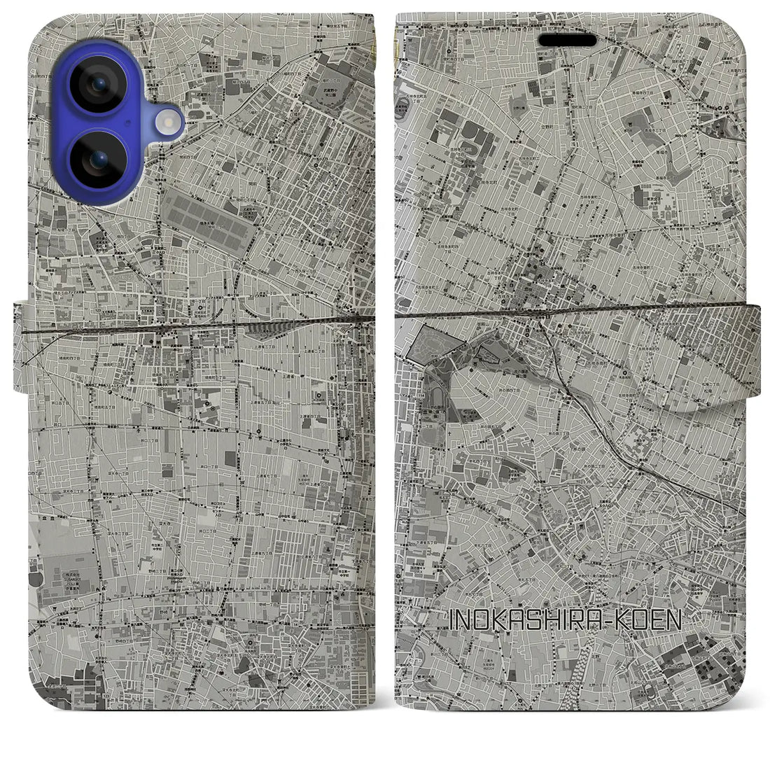 【井の頭公園(東京都)】地図柄iPhoneケース(手帳タイプ)モノトーン・iPhone 16 Pro Max 用