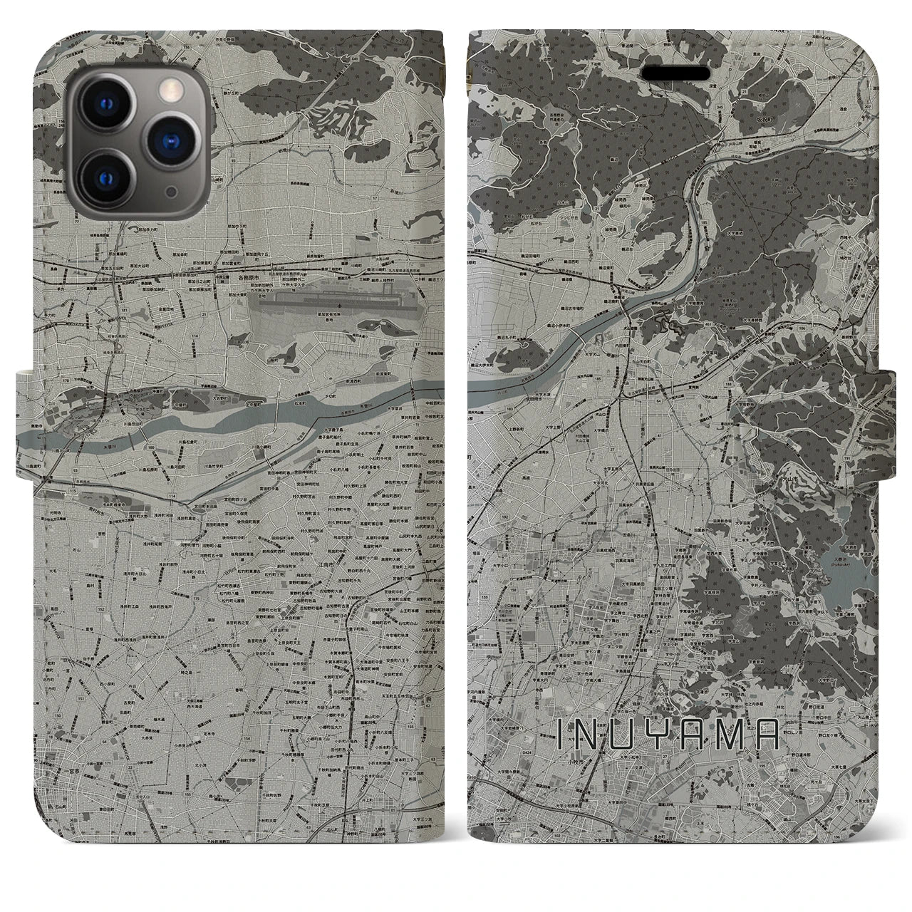 【犬山】地図柄iPhoneケース（手帳両面タイプ・モノトーン）iPhone 11 Pro Max 用
