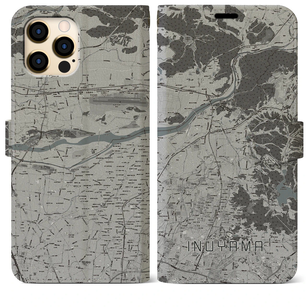 【犬山】地図柄iPhoneケース（手帳両面タイプ・モノトーン）iPhone 12 Pro Max 用