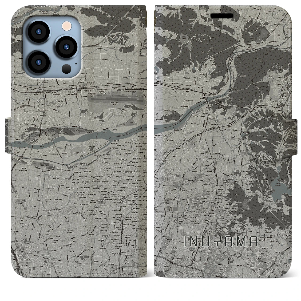 【犬山】地図柄iPhoneケース（手帳両面タイプ・モノトーン）iPhone 13 Pro Max 用