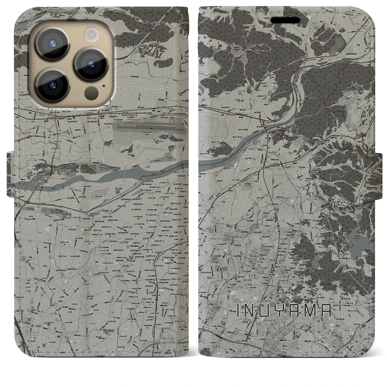 【犬山】地図柄iPhoneケース（手帳両面タイプ・モノトーン）iPhone 14 Pro Max 用