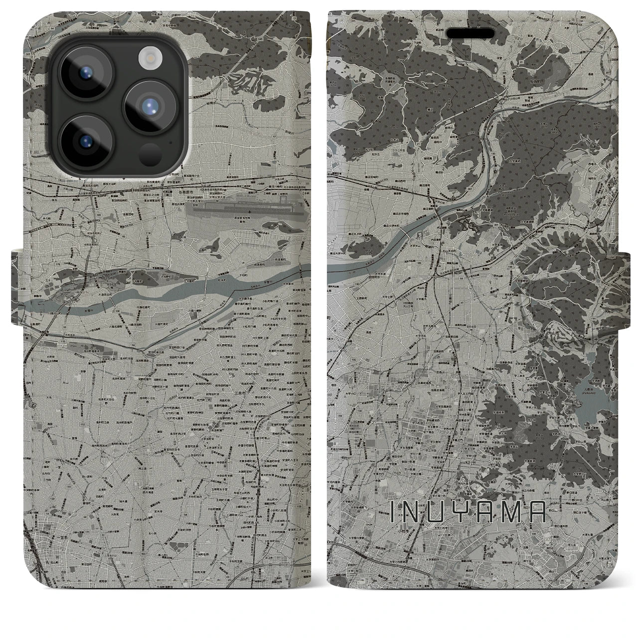 【犬山】地図柄iPhoneケース（手帳両面タイプ・モノトーン）iPhone 15 Pro Max 用