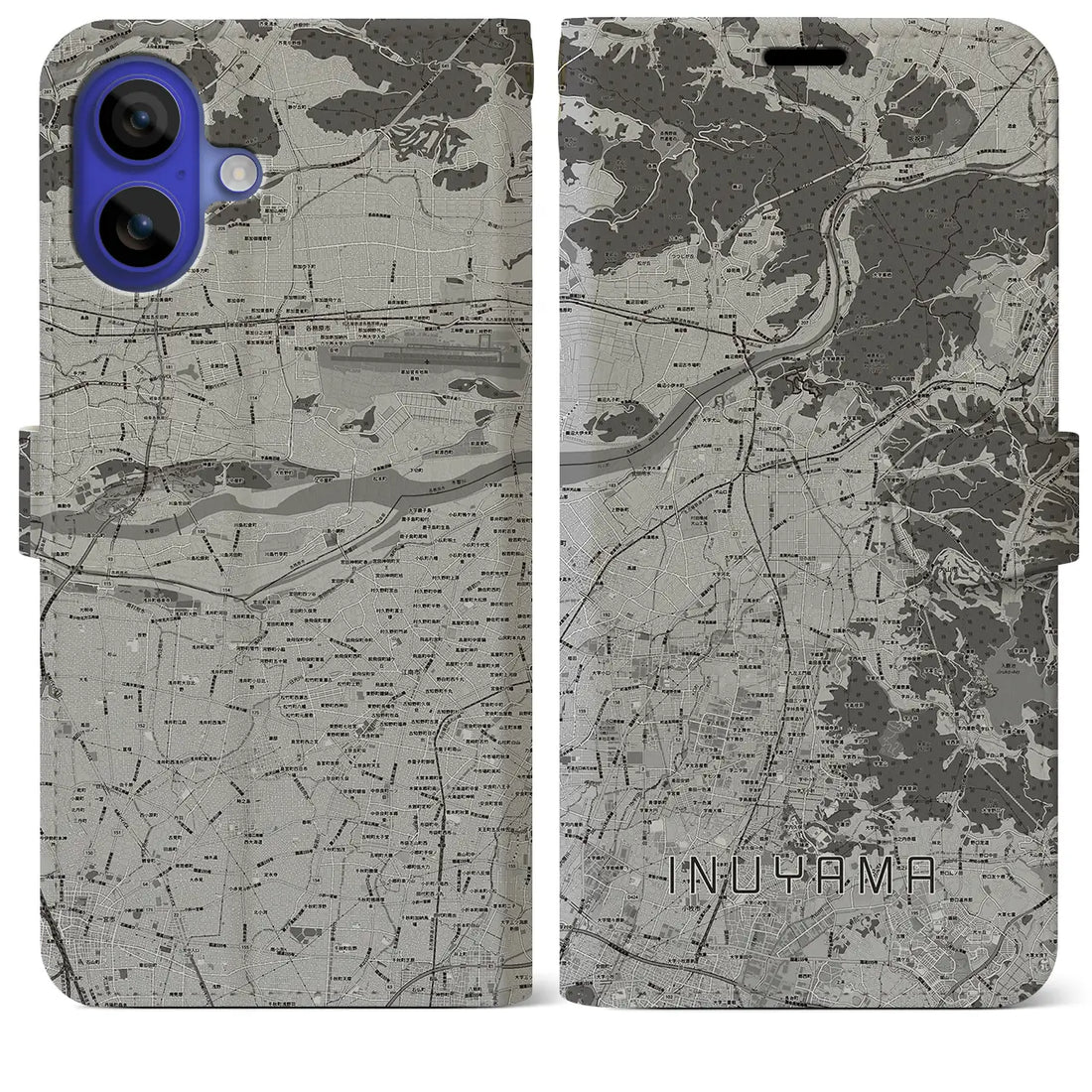 【犬山(愛知県)】地図柄iPhoneケース(手帳タイプ)モノトーン・iPhone 16 Pro Max 用