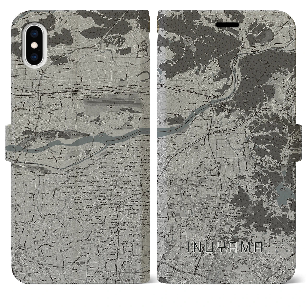 【犬山（愛知県）】地図柄iPhoneケース（手帳タイプ）モノトーン・iPhone XS Max 用