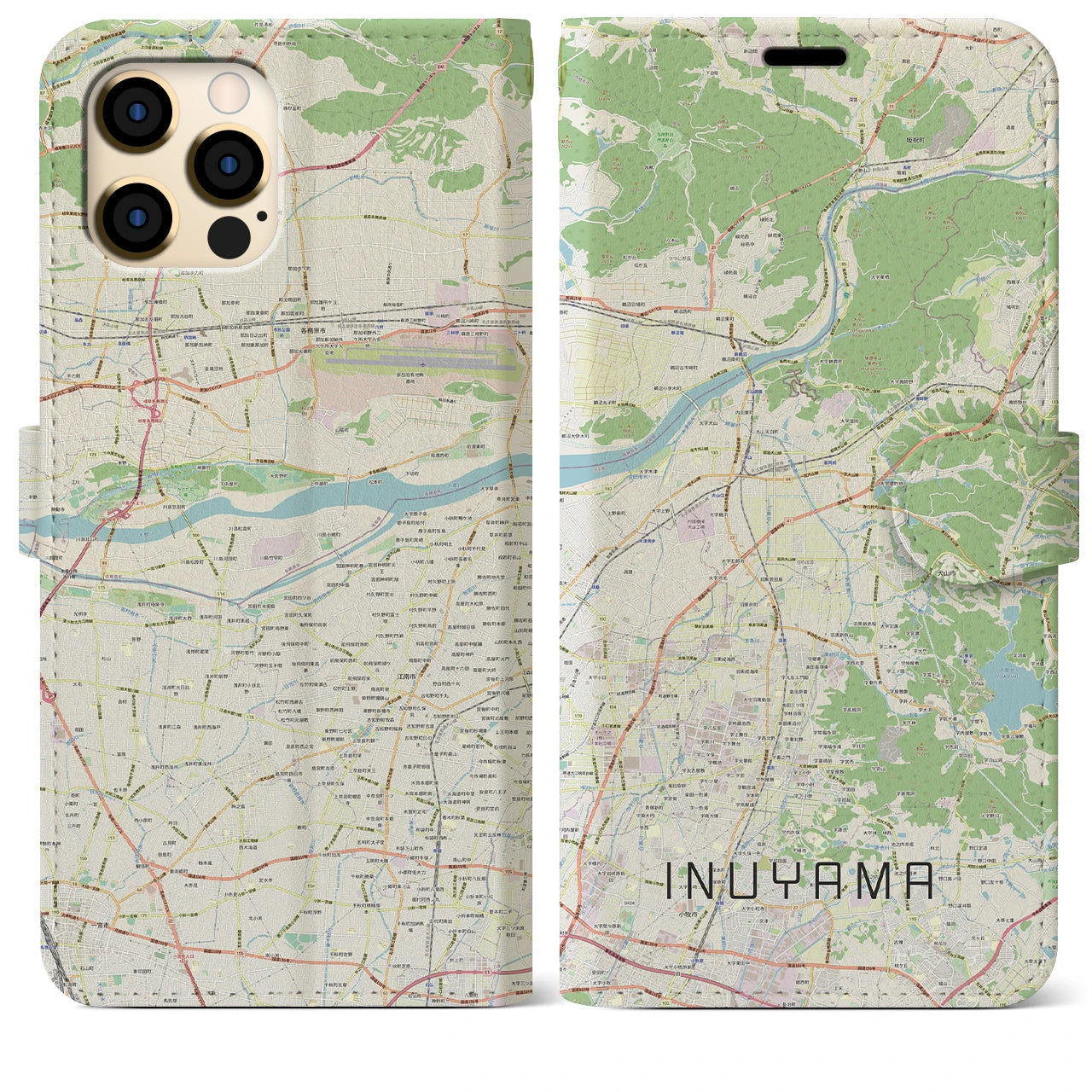 【犬山（愛知県）】地図柄iPhoneケース（手帳タイプ）ナチュラル・iPhone 12 Pro Max 用