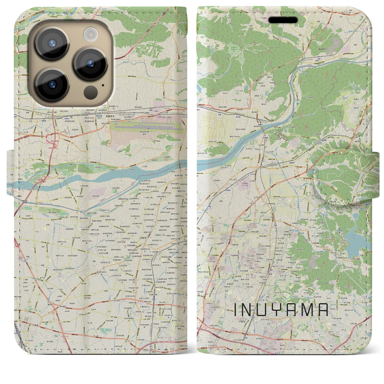 【犬山（愛知県）】地図柄iPhoneケース（手帳タイプ）ナチュラル・iPhone 14 Pro Max 用