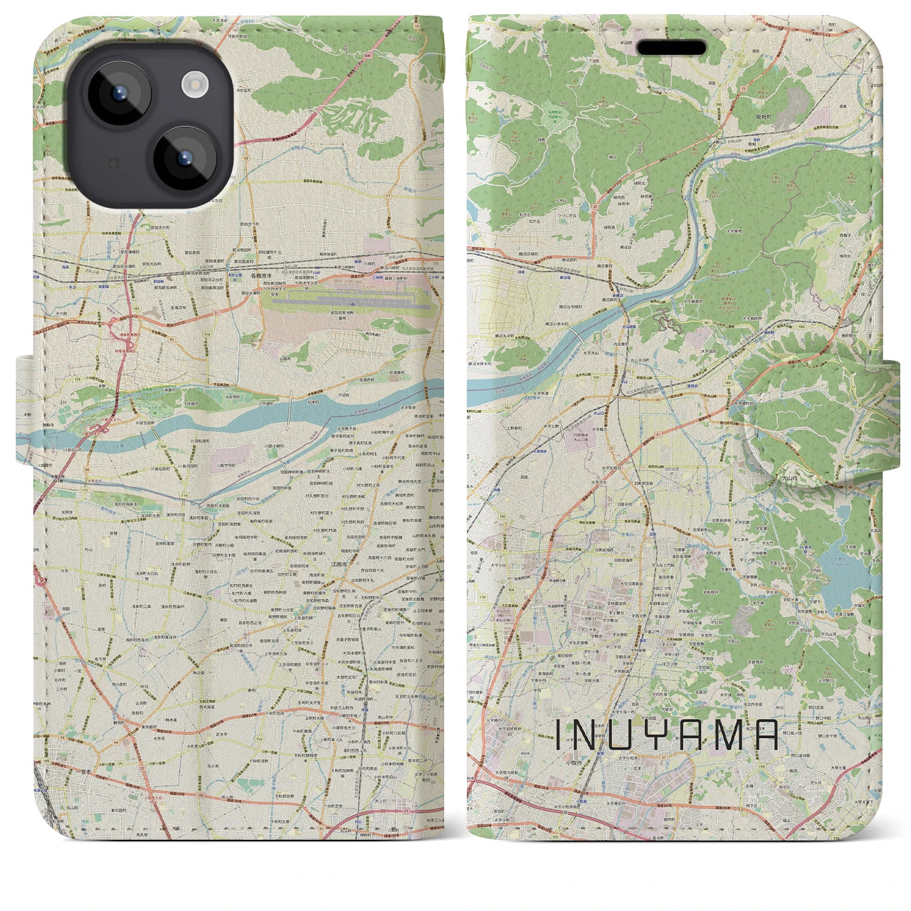 【犬山（愛知県）】地図柄iPhoneケース（手帳タイプ）ナチュラル・iPhone 14 Plus 用