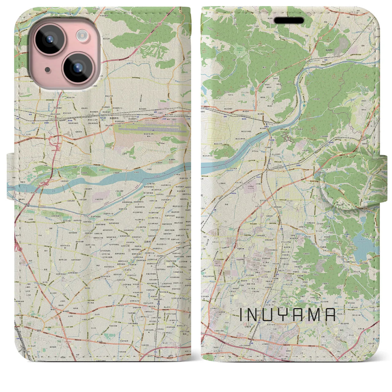 【犬山（愛知県）】地図柄iPhoneケース（手帳タイプ）ナチュラル・iPhone 15 Plus 用