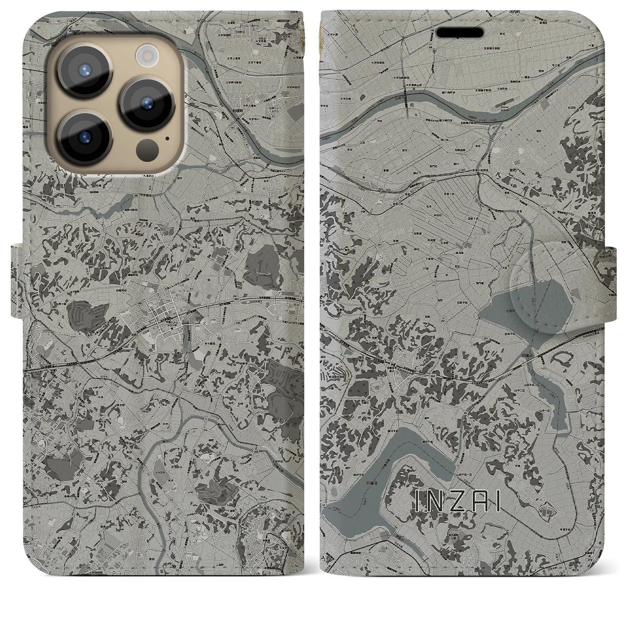 【印西】地図柄iPhoneケース（手帳両面タイプ・モノトーン）iPhone 14 Pro Max 用