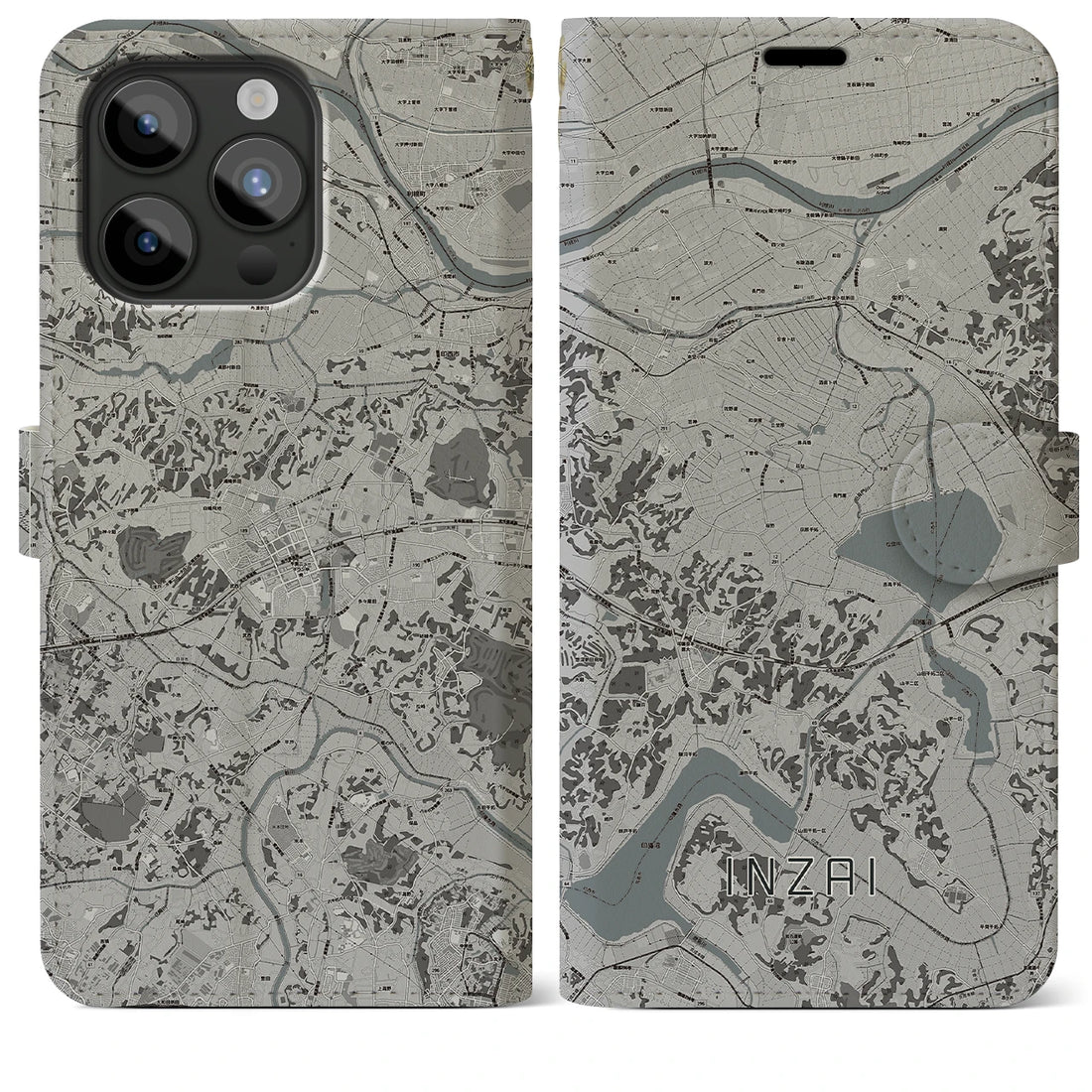 【印西】地図柄iPhoneケース（手帳両面タイプ・モノトーン）iPhone 15 Pro Max 用