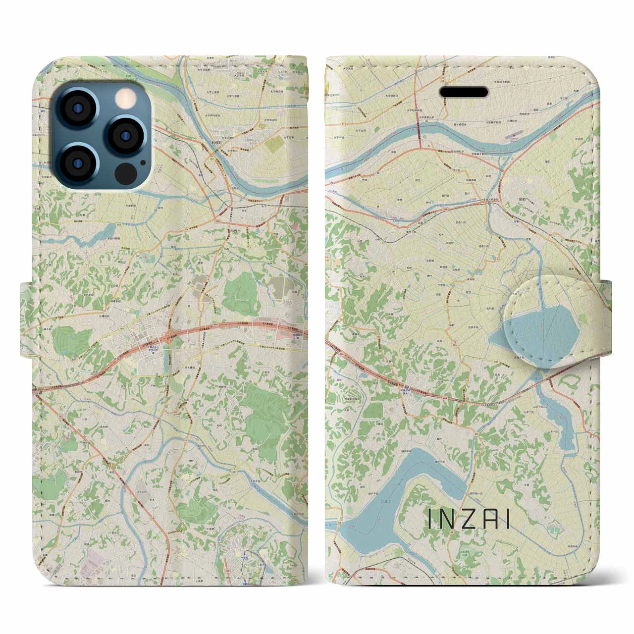 【印西（千葉県）】地図柄iPhoneケース（手帳タイプ）ナチュラル・iPhone 12 / 12 Pro 用