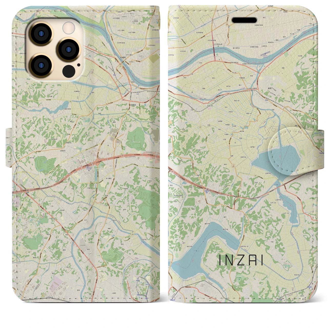 【印西（千葉県）】地図柄iPhoneケース（手帳タイプ）ナチュラル・iPhone 12 Pro Max 用