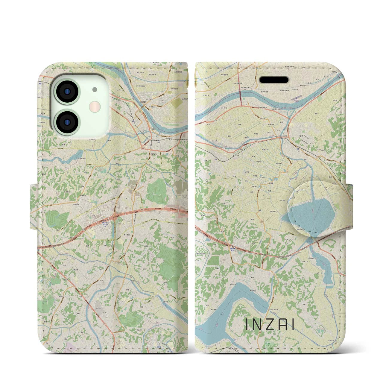 【印西（千葉県）】地図柄iPhoneケース（手帳タイプ）ナチュラル・iPhone 12 mini 用