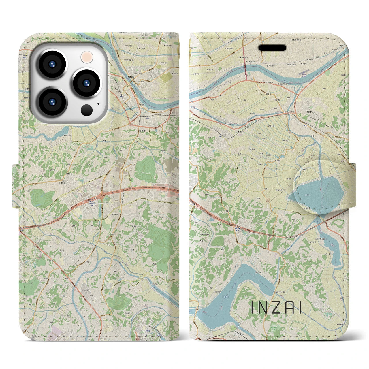 【印西（千葉県）】地図柄iPhoneケース（手帳タイプ）ナチュラル・iPhone 13 Pro 用