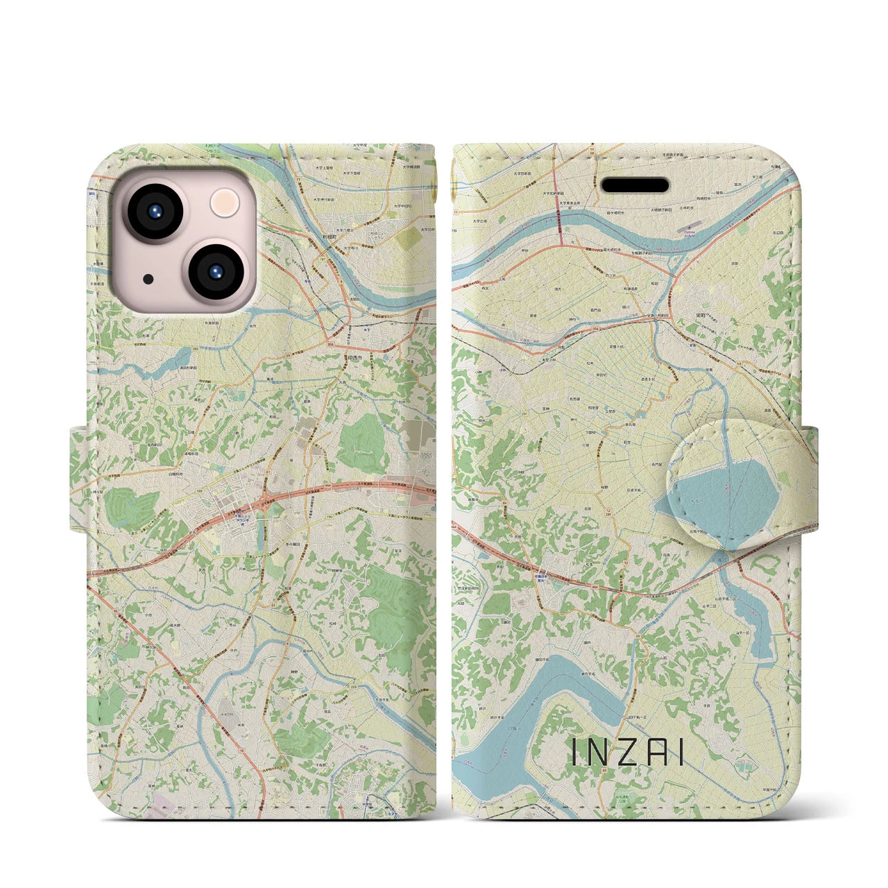 【印西（千葉県）】地図柄iPhoneケース（手帳タイプ）ナチュラル・iPhone 13 mini 用