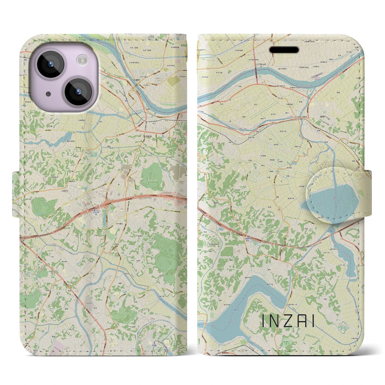 【印西（千葉県）】地図柄iPhoneケース（手帳タイプ）ナチュラル・iPhone 14 用