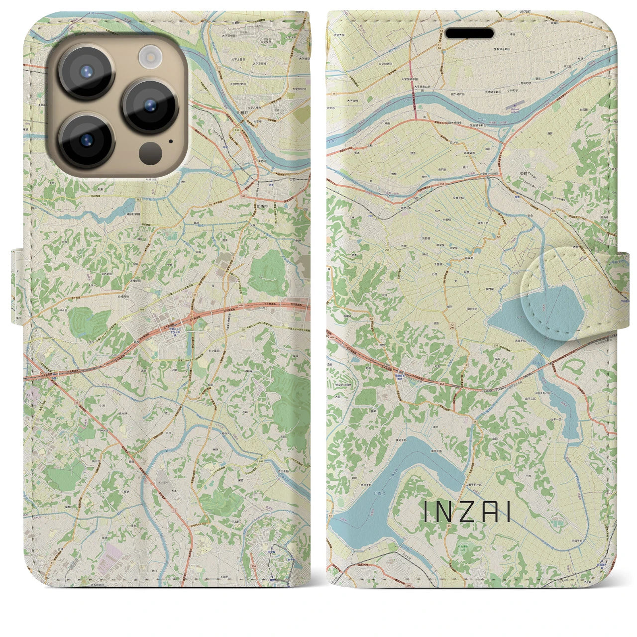 【印西（千葉県）】地図柄iPhoneケース（手帳タイプ）ナチュラル・iPhone 14 Pro Max 用